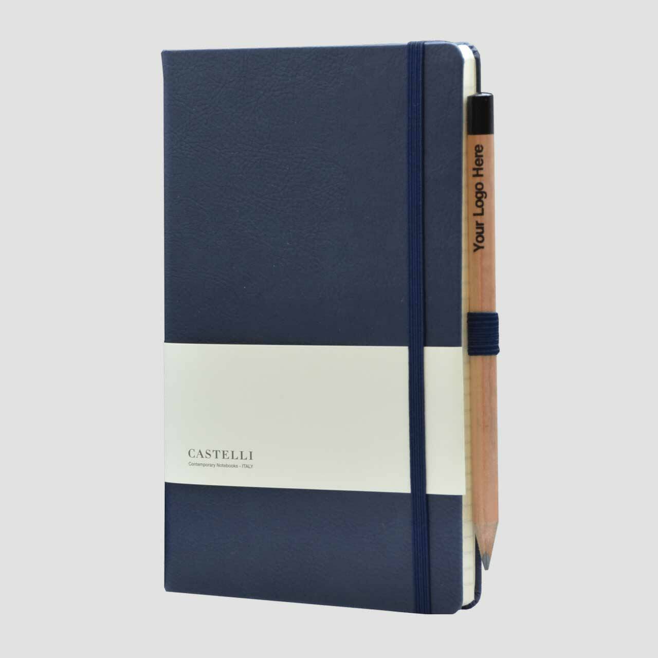 Castelli notitieboek lederlook met banderol en potlood met houder, blauw