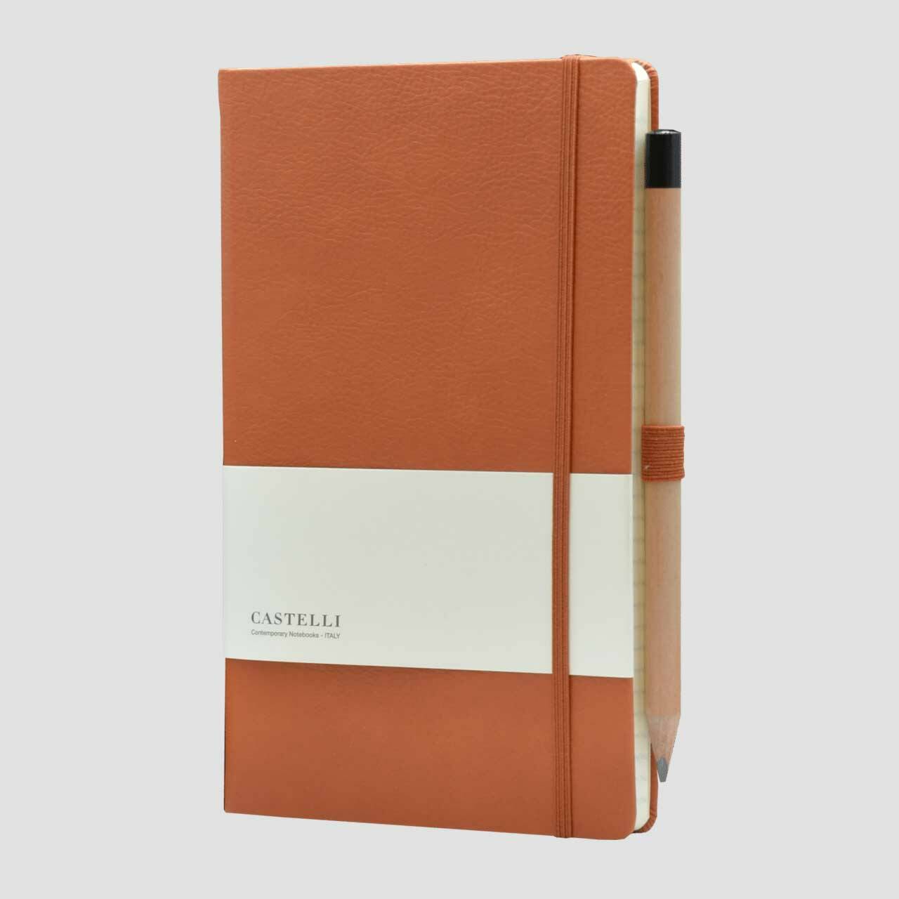 Castelli notitieboek lederlook met banderol en potlood met houder, bruin