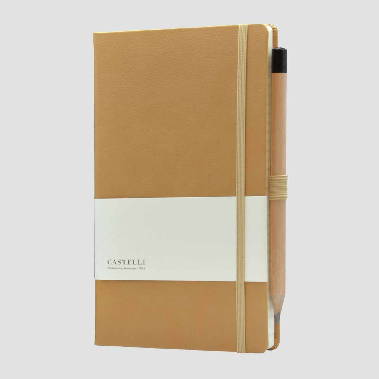 Castelli notitieboek lederlook met banderol en potlood met houder, cognac