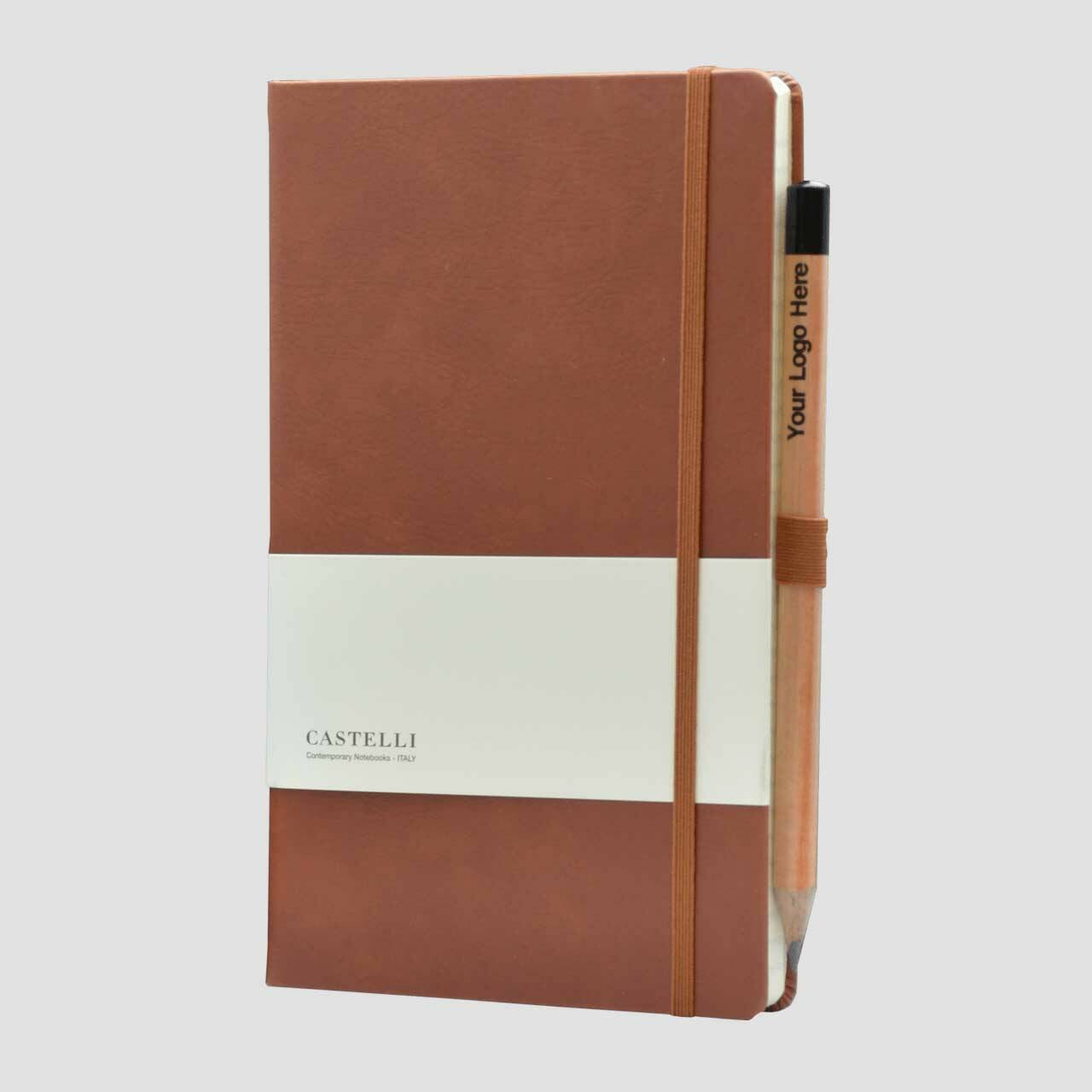 Castelli notitieboek lederlook met banderol en potlood met houder, donkerbruin