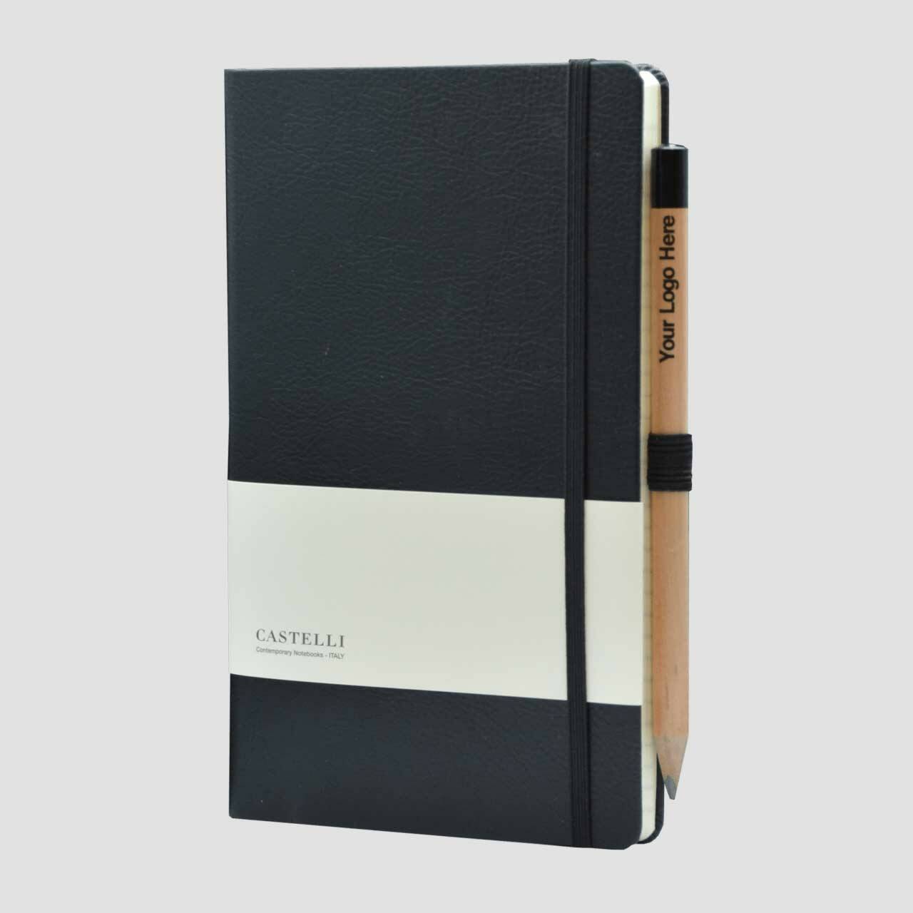 Castelli notitieboek lederlook met banderol en potlood met houder, zwart