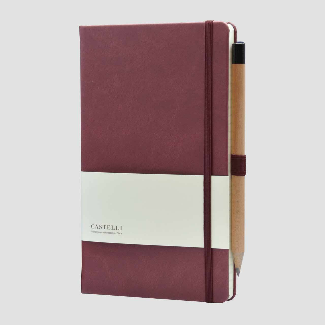 Castelli notitieboek soft touch met banderol en potlood met houder, bordeaux rood
