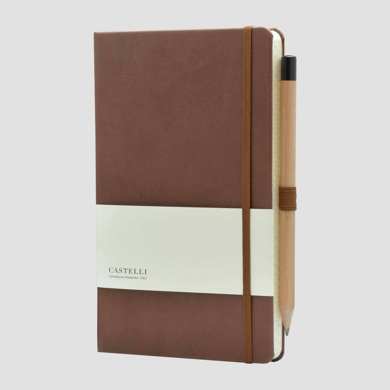 Castelli notitieboek soft touch met banderol en potlood met houder, bruin