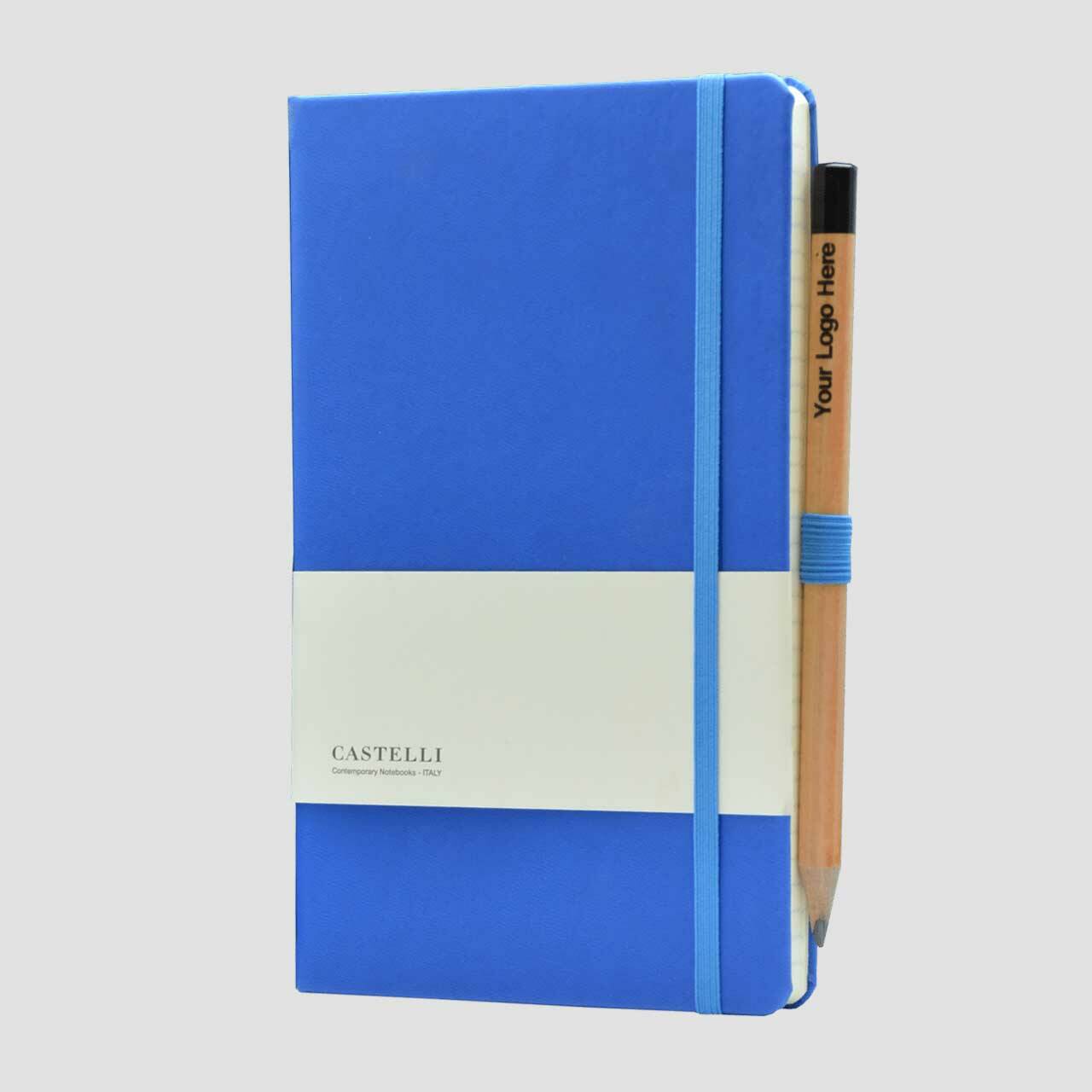 Castelli notitieboek soft touch met banderol en potlood met houder, kobalt blauw