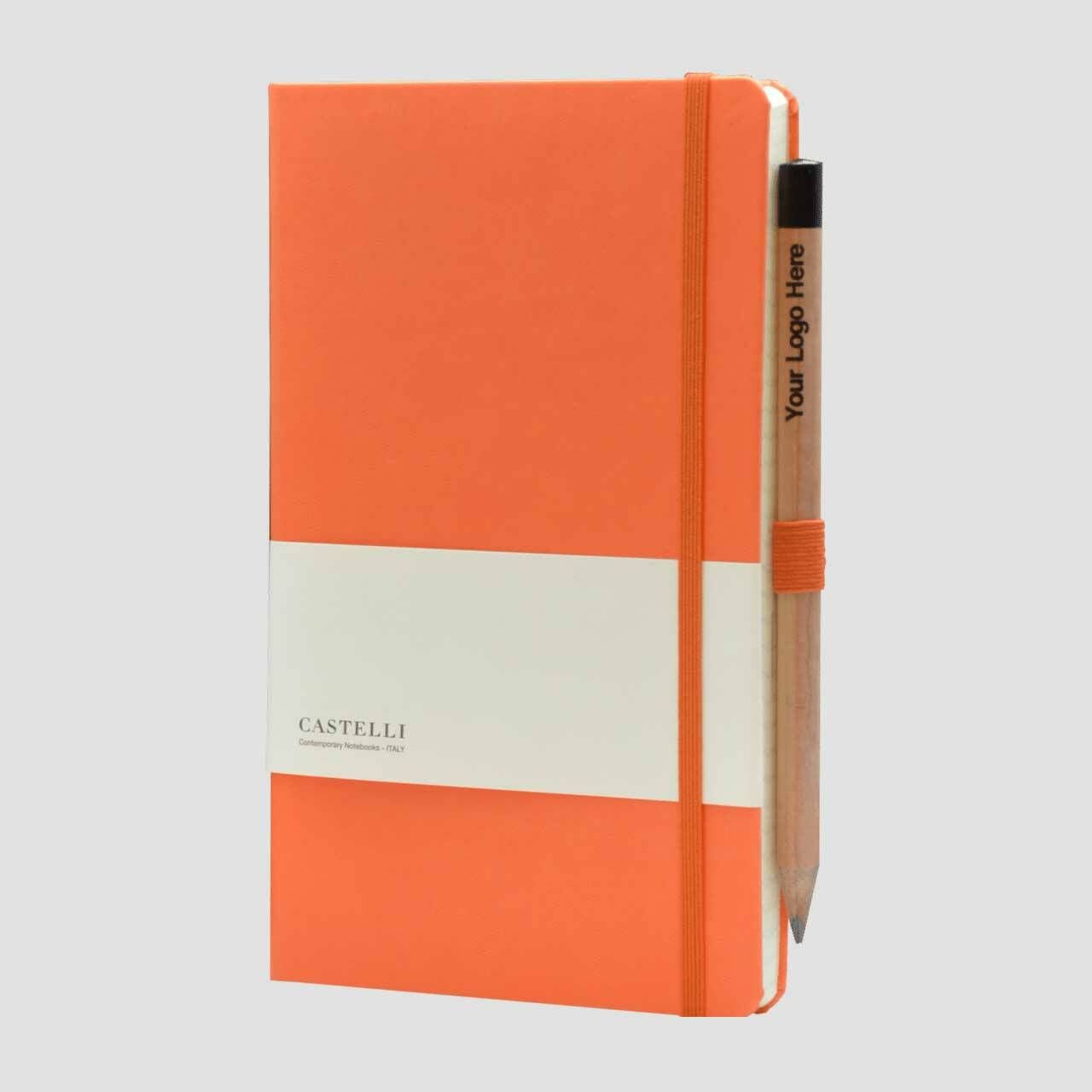 Castelli notitieboek soft touch met banderol en potlood met houder, oranje