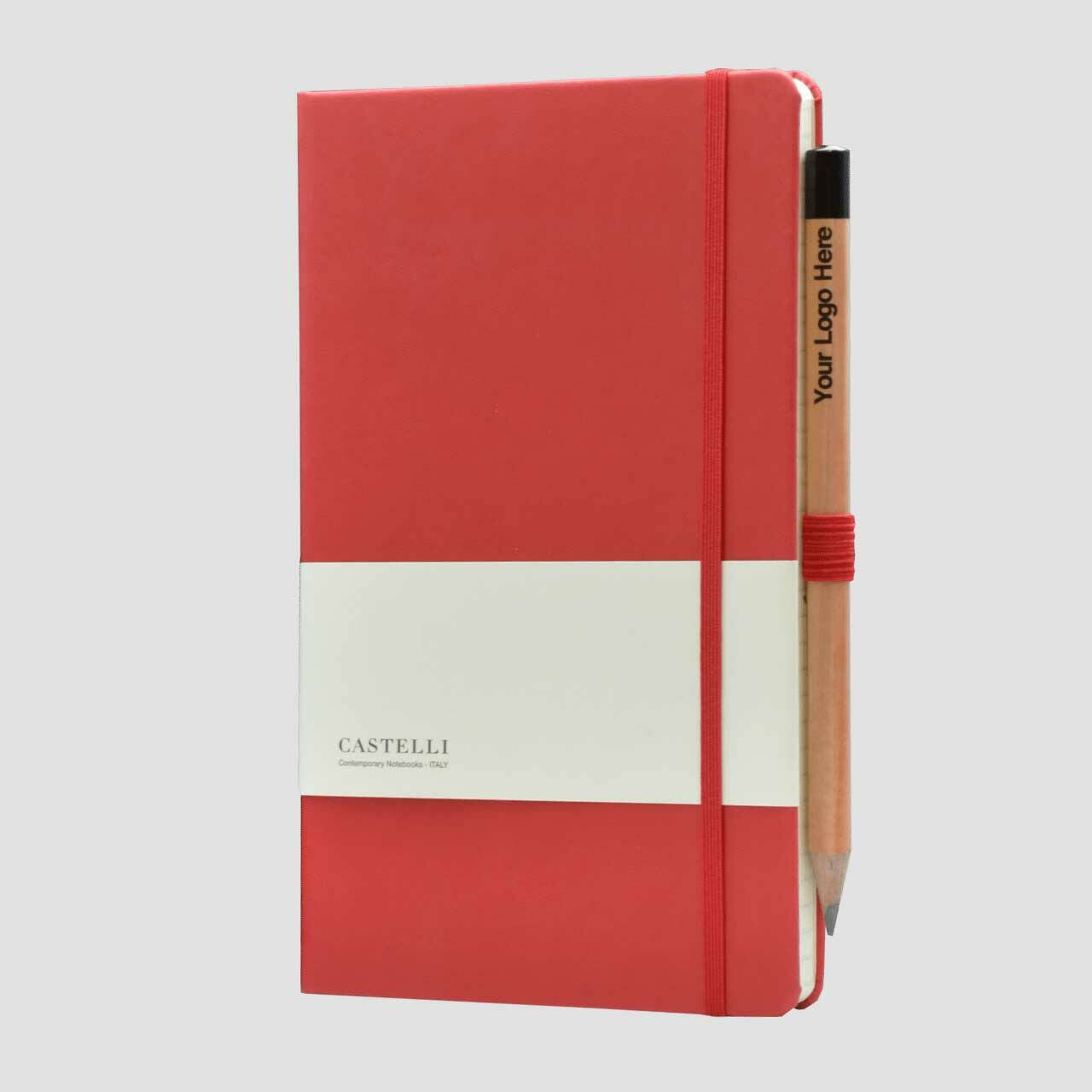 Castelli notitieboek soft touch met banderol en potlood met houder, rood