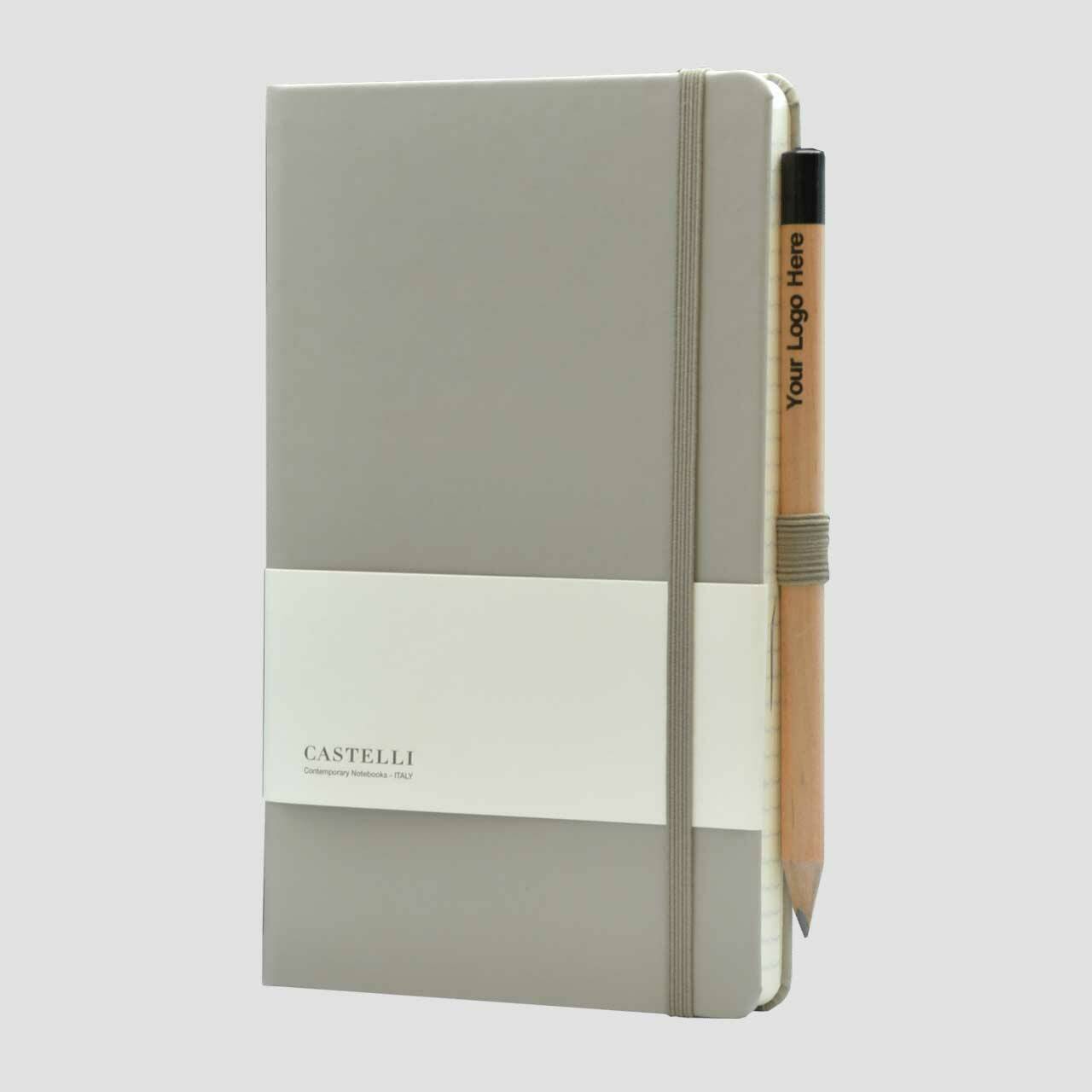 Castelli notitieboek soft touch met banderol en potlood met houder, taupe