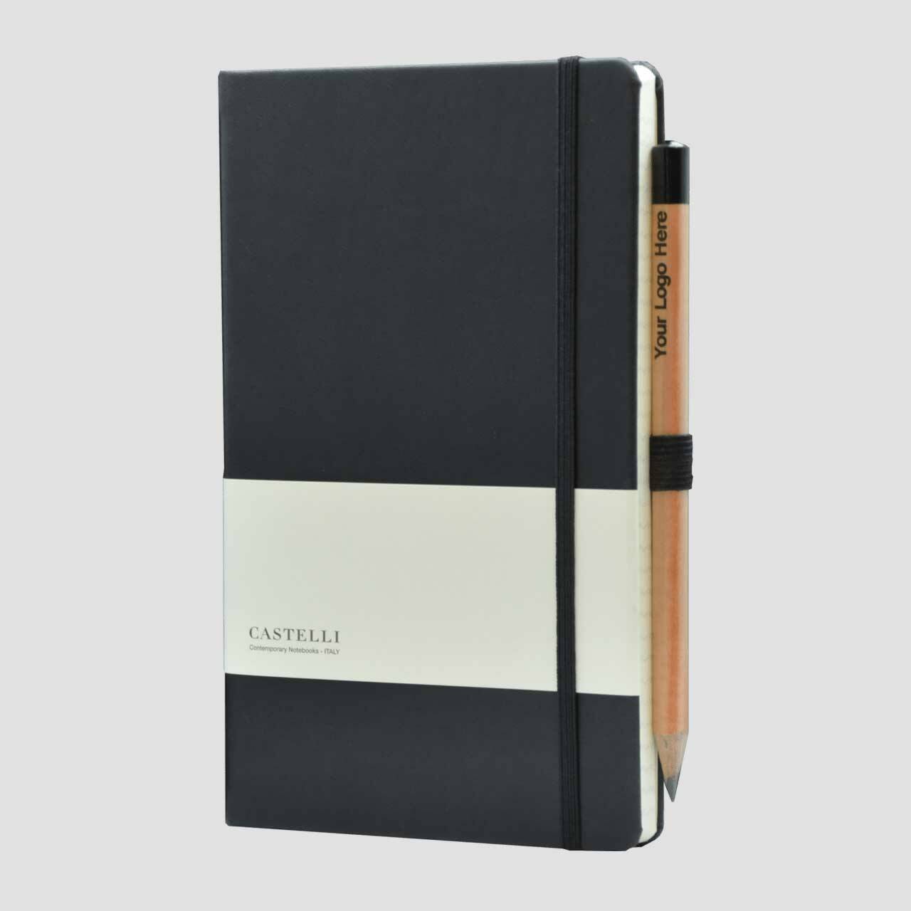 Castelli notitieboek soft touch met banderol en potlood met houder, zwart